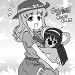  1girl :d animal animalization bangs belt birthday blunt_bangs character_name collared_shirt commentary_request dated eyebrows_visible_through_hair girls_und_panzer greyscale hairband holding holding_animal koala koala_forest_military_uniform long_hair looking_at_viewer monochrome nanashiro_gorou notice_lines open_mouth partial_commentary reizei_mako sam_browne_belt shirt short_sleeves shorts sitting slouch_hat smile sparkle takebe_saori thighhighs translated 