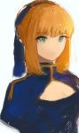  1girl artoria_pendragon_(all) blonde_hair blue_bow blue_dress bow breasts cleavage cleavage_cutout closed_mouth clothing_cutout dress fate/stay_night fate_(series) green_eyes hair_bow hair_bun highres hoojiro juliet_sleeves long_sleeves looking_at_viewer puffy_sleeves saber signature solo upper_body 