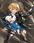  1girl black_legwear blonde_hair blue_eyes bow bowtie breasts cawang cowboy_shot dress girls_frontline gun hair_ornament holding holding_weapon large_breasts leggings magazine_(weapon) open_mouth radio reloading rifle scope short_hair smoke sniper_rifle snowflake_hair_ornament torn_clothes torn_legwear trigger_discipline vsk-94 vsk-94_(girls_frontline) weapon 