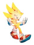  1boy animal_nose closed_mouth commentary full_body furry gloves icen-hk male_focus orange_eyes red_footwear serious shoes simple_background sneakers solo sonic sonic_the_hedgehog super_sonic white_background white_gloves 