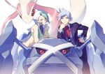  2boys bare_arms black_pants blue_eyes blue_hair closed_mouth collared_shirt commentary_request gen_3_pokemon green_hair hand_on_hip highres jacket leaning_forward light_smile long_sleeves metagross milotic multiple_boys pants pokemon pokemon_(creature) pokemon_(game) pokemon_oras red_neckwear shirt spiked_hair steven_stone wallace_(pokemon) white_shirt xia_(ryugo) 