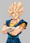  1boy blonde_hair blue_eyes closed_mouth crossed_arms dougi dragon_ball dragon_ball_z earrings gloves grey_background jewelry looking_at_viewer male_focus mattari_illust muscle potara_earrings sash simple_background smile solo spiked_hair standing super_saiyan super_saiyan_1 twitter_username upper_body vegetto white_gloves 