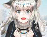  1girl animal_ear_fluff animal_ears arknights eyelashes green_eyes hatsuyuki_(kantai_collection) highres jewelry long_hair looking_at_viewer necklace open_mouth original pramanix_(arknights) surrender teeth white_hair winter winter_clothes 