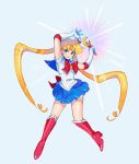  1girl arms_up bangs bishoujo_senshi_sailor_moon blonde_hair blue_eyes boots bow crescent crescent_earrings earrings elbow_gloves full_body gloves holding jewelry long_hair moon_stick parted_bangs parted_lips red_bow red_footwear sailor_moon sailor_senshi_uniform smile solo tsukino_usagi twintails very_long_hair zambiie 