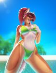  2020 5_fingers anthro areola bikini breasts brown_hair canid canine canis clothing day detailed_background digital_media_(artwork) domestic_dog eyebrows eyelashes female fingers hair hi_res mammal midriff navel nipples open_mouth outside red_eyes sky solo swimwear teeth tongue wyla 