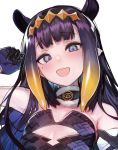  1girl akieda animal_ears armpit_peek bare_shoulders black_gloves bustier choker cleavage_cutout clothing_cutout diamond_hairband flat_chest fur-trimmed_choker gloves grey_eyes hand_up hippopotamus_ears hololive hololive_english long_hair looking_at_viewer mole mole_under_eye ninomae_ina&#039;nis open_mouth pointy_ears sidelocks simple_background solo tentacle_hair white_background 