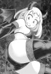  1girl ass bare_shoulders bat_wings bikini bikini_top blush_stickers boku_no_hero_academia breasts demon_girl elbow_gloves fangs gloves greyscale grin halloween_costume highres lipstick looking_at_viewer makeup medium_hair monochrome nstime23 short_shorts shorts smile solo succubus swimsuit tail thighhighs uraraka_ochako wings 