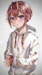  1boy bangs blue_eyes blush commentary_request diamond_(symbol) heart highres hood hoodie looking_at_viewer open_mouth red_hair riddle_rosehearts spade_(shape) syatihoko twisted_wonderland zipper 