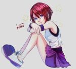  1girl blue_eyes breasts closed_mouth highres kairi_(kingdom_hearts) kingdom_hearts kingdom_hearts_i looking_at_viewer red_hair short_hair simple_background sleeveless smile solo wristband 