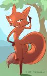 2020 anthro canid canine female fox fox_(skunk_fu) fur grin looking_at_viewer looking_back mammal nude on_one_leg outside rear_view red_body red_fur sanssouci skunk_fu smile solo standing teeth tree 