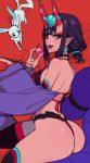  1girl absurdres ass bare_shoulders breasts commentary ennuigrl fate/grand_order fate_(series) highres looking_at_viewer looking_back purple_eyes purple_hair red_background short_hair shuten_douji_(fate/grand_order) thighs 