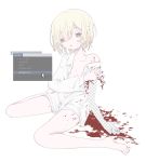  1girl blonde_hair blood blood_splatter breasts brown_eyes collared_shirt context_menu cursor eguchi_saan fake_transparency highres long_sleeves navel original purple_nails shirt short_hair simple_background sitting small_breasts solo torn_clothes translation_request unbuttoned unbuttoned_shirt unmoving_pattern white_background white_shirt 
