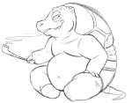  ambiguous_gender belly black_and_white hand_on_leg monochrome navel pipe reptile scalie shell simple_background sitting smile smoking solo teeth_showing thegreatmatsutzu turtle white_background 
