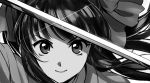  1girl bangs black_hair bow closed_mouth commentary_request glint greyscale hair_bow holding holding_sword holding_weapon long_hair looking_at_viewer monochrome portrait sakura_taisen sayshownen shinguuji_sakura smile solo sword twitter_username watermark weapon 