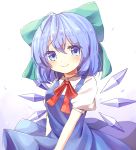  1girl ahoge blue_dress blue_eyes blue_hair blush bow breasts cirno closed_mouth collared_shirt commentary_request dress eyebrows_visible_through_hair eyes_visible_through_hair gradient gradient_background green_bow hair_bow highres ice ice_wings looking_at_viewer neck_ribbon petals pudding_(skymint_028) puffy_short_sleeves puffy_sleeves red_neckwear red_ribbon ribbon shirt short_hair short_sleeves simple_background small_breasts smile solo touhou upper_body white_background white_shirt wings 
