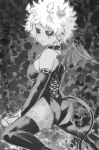  1girl ashido_mina ass bare_shoulders bat_wings black_sclera boku_no_hero_academia breasts closed_mouth demon_girl demon_tail earrings food_themed_hair_ornament greyscale hair_ornament halloween_costume heart high_heels highres jewelry looking_at_viewer looking_back monochrome nstime23 pumpkin_hair_ornament sitting solo succubus tail tattoo thighhighs wariza wings 