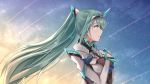  1girl breasts earrings gloves green_eyes green_hair hands_on_own_chest highres jewelry large_breasts long_hair long_ponytail pneuma_(xenoblade) ponytail sarasadou_dan shooting_star sky smile solo star_(sky) starry_sky tiara upper_body very_long_hair xenoblade_chronicles_(series) xenoblade_chronicles_2 
