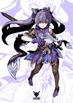  1girl absurdres artist_name black_legwear floating_hair genshin_impact highres holding holding_sword holding_weapon keqing looking_up pantyhose purple_eyes purple_hair solo sword twintails vistahero weapon zoom_layer 