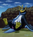  2020 animal_genitalia beak black_body blue_eyes bodily_fluids cloaca cloacal_penis digital_media_(artwork) empoleon erection feral genital_fluids genitals hi_res looking_at_genitalia looking_at_penis lying male nintendo open_beak open_mouth penis pok&eacute;mon pok&eacute;mon_(species) raised_leg rock sky solo spread_legs spreading t-ace_juice video_games 