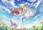  2girls :3 ahoge barefoot blonde_hair brown_hair closed_eyes cloud dress field fisheye flower futaba_anzu hair_ornament hair_ribbon highres idolmaster idolmaster_cinderella_girls lifting_person long_hair low_twintails meisa_work moroboshi_kirari multiple_girls open_mouth outdoors pink_ribbon ribbon smile star_(symbol) star_hair_ornament twintails white_dress 