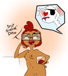  &lt;3 &lt;3_eyes 2018 anthro avian bird breasts brown_body brown_feathers brown_nipples chicken danger_mouse danger_mouse_(series) duo english_text eye_patch eyewear eyewear_only feathers female female_focus galliform gallus_(genus) genitals glasses glasses_only hair hand_on_hip head_on_hand jabberwockychamber looking_aside male male/female mammal mouse murid murine nipples non-mammal_breasts nude one_eye_obstructed phasianid portrait professor_squawkencluck pussy red_hair rodent solo_focus text three-quarter_portrait wide_hips 