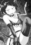  1girl bare_shoulders bat_wings belt_buckle blush boku_no_hero_academia breasts bridal_gauntlets buckle collar demon_girl elbow_gloves fangs gloves greyscale halloween_costume highres horns jirou_kyouka lipstick looking_at_viewer makeup midriff monochrome navel nstime23 o-ring open_mouth short_hair small_breasts solo succubus sweatdrop thighhighs wings 