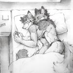  1:1 akatan_art anthro anthro_on_anthro bulge butt canid cheek_tuft clothing duo embrace eyes_closed eyewear facial_tuft fangs glasses hair hi_res hug hugging_from_behind inner_ear_fluff jockstrap lying male male/male mammal monochrome on_side short_hair smile spooning teeth traditional_media_(artwork) tuft underwear 