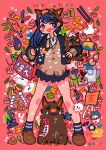  1girl 2019 absurdres bag bangs black_skirt blue_hair blush boar bread brown_footwear brown_sweater chinese_zodiac collared_shirt eggplant flower food happy_new_year highres leaf long_hair new_year no_nose open_mouth original pink_flower pleated_skirt red_nails shirt shoes sizucomaru skirt smile socks solo sweater white_shirt year_of_the_pig 