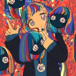  1girl abstract abstract_background absurdres aqua_hair bangs blonde_hair blue_hair blue_nails disembodied_head floating_head green_hair highres index_finger_raised jewelry long_sleeves multicolored multicolored_eyes multicolored_hair necklace no_nose orange_hair original red_hair sizucomaru star_(symbol) swept_bangs upper_body 