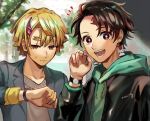  2boys agatsuma_zenitsu black_jacket blonde_hair brown_hair contemporary earrings hair_ornament hairclip highres hood hoodie jacket jewelry kamado_tanjirou kimetsu_no_yaiba looking_at_viewer looking_at_watch multiple_boys open_mouth pote-mm smile watch wristwatch 