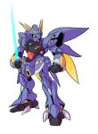  blue_eyes clenched_hand commentary dunbine energy_sword fusion holding holding_sword holding_weapon huckebein insect_wings looking_down mecha no_humans pun seisenshi_dunbine super_robot_wars super_robot_wars_original_generation sword taedu v-fin weapon white_background wings 