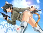  1girl animal_ears animal_hat ass black_hair blue_sky breasts cat_ears cat_hat cloud dual_wielding flying grey_eyes gun handgun hat holding large_breasts looking_at_viewer military military_uniform nakajima_nishiki panties pistol shiny shiny_hair shiny_skin short_hair sky solo strike_witches striker_unit umajiri_gyuunyuu underwear uniform weapon white_panties world_witches_series 