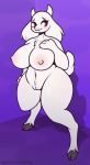  anthro areola big_breasts blush boss_monster bovid breasts caprine cleavage clothed clothing dogslickingsoda female fur genitals goat horn mammal mature_female navel nipples nude pussy simple_background smile solo toriel undertale video_games white_body white_fur 