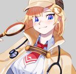  1girl blonde_hair blue_eyes blush brown_capelet brown_headwear collared_shirt deerstalker detective gears grey_background hair_ornament hat holding_magnifying_glass hololive hololive_english looking_at_viewer magnifying_glass mustache_print necktie print_neckwear red_neckwear shirt short_hair simple_background smile solo stethoscope upper_body virtual_youtuber watson_amelia white_shirt zambiie 