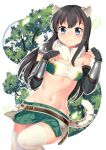  1girl animal_ear_fluff animal_ears armor asashio_(kantai_collection) bandeau bangs belt black_gloves black_hair blue_eyes blush breasts brown_belt closed_mouth commentary_request cosplay cowboy_shot eyebrows_behind_hair fake_animal_ears fake_tail fingerless_gloves frown fur_collar gauntlets gloves green_skirt groin hair_between_eyes highres kantai_collection long_hair looking_at_viewer midriff miniskirt navel paw_pose princess_connect! princess_connect!_re:dive shiori_(princess_connect!) shiori_(princess_connect!)_(cosplay) shoulder_armor sidelocks single_bare_shoulder skindentation skirt small_breasts solo standing standing_on_one_leg striped striped_tail tail taut_clothes thighhighs tiger_ears tiger_tail tree vertical-striped_skirt vertical_stripes white_background white_legwear yasume_yukito zettai_ryouiki 