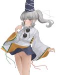  1girl bangs black_neckwear blue_eyes blue_skirt blush bottomless breasts cowboy_shot curled_fingers djjj5322 eyebrows_visible_through_hair grey_hair hat japanese_clothes kariginu long_sleeves looking_at_viewer medium_hair mononobe_no_futo multicolored multicolored_clothes pom_pom_(clothes) ponytail pussy simple_background skirt small_breasts solo tate_eboshi thighs touhou white_background wide_sleeves 