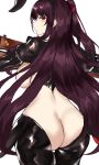  1girl absurdres animal_ears ass blazer breasts bullpup bunny_ears butt_crack cowboy_shot fake_animal_ears farys_(afopahqfw) from_behind girls_frontline gun half_updo highres jacket large_breasts meme_attire necktie one_side_up purple_hair red_eyes red_neckwear revealing_clothes reverse_bunnysuit reverse_outfit rifle sideboob sniper_rifle thighhighs wa2000_(girls_frontline) walther walther_wa_2000 weapon white_background 