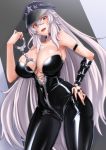  1girl ayuayu_(shouyu_no_sato) azur_lane bangs bare_shoulders black_bodysuit black_choker black_gloves bodysuit breasts choker cleavage crossed_bangs cuffs gangut_(azur_lane) gloves hair_between_eyes hand_on_hip hat head_tilt large_breasts latex_bodysuit long_hair looking_at_viewer mole mole_under_eye open_mouth peaked_cap red_eyes shiny shiny_clothes silver_hair smile solo standing very_long_hair 