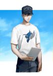  1boy absurdres baseball_cap black_eyes black_hair hat highres holding holding_tablet_pc leaning_back looking_to_the_side macross macross_delta messer_ihlefeld mosako shirt sky solo tablet_pc white_shirt 
