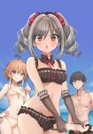  1boy 2girls :d bangs bare_shoulders bikini black_bikini black_hair black_shorts blue_sky blush bow breasts brown_hair character_request choker cleavage collar collarbone day dot_nose drill_hair elbow_gloves eyebrows_visible_through_hair frilled_bikini frilled_bow frills gloves groin hair_between_eyes hair_bow hand_on_hip highres holding horizon idolmaster idolmaster_cinderella_girls kanzaki_ranko kudou_(sikisiki0000) looking_at_viewer male_swimwear multiple_girls navel ocean open_mouth outdoors pectorals purple_eyes red_bow red_eyes ribbon short_hair short_hair_with_long_locks shorts side-tie_bikini sidelocks silver_hair sky small_breasts smile solo_focus striped striped_bikini swim_trunks swimsuit swimwear twin_drills twintails v-shaped_eyebrows vertical_stripes 