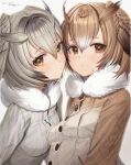  2girls absurdres bangs blush breasts brown_eyes brown_hair brown_jacket buttons closed_mouth dated eurasian_eagle_owl_(kemono_friends) eyebrows_visible_through_hair freng fur_collar gradient_hair grey_jacket head_wings highres jacket kemono_friends looking_at_viewer multicolored_hair multiple_girls northern_white-faced_owl_(kemono_friends) short_hair signature silver_hair simple_background small_breasts upper_body white_background yellow_eyes 