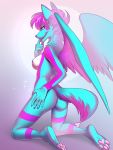  2020 4_toes 5_fingers anthro ariannafray_pr blue_body blue_fur breasts canid canine digital_media_(artwork) feathered_wings feathers female fingers fur hair hybrid kneeling mammal pink_hair smile solo toes wings 