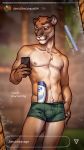  2020 anthro bulge claws clothed clothing cougar english_text felid feline holding_object holding_phone male mammal meme phone shampoo_challenge solo spefides text topless underwear 