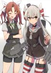  2girls ahoge amatsukaze_(kantai_collection) bangs bike_shorts black_gloves blush breasts closed_eyes comala_(komma_la) dress eyebrows_visible_through_hair fingerless_gloves garter_straps gloves hair_ribbon hair_tubes highres index_finger_raised kagerou_(kantai_collection) kantai_collection long_hair long_sleeves multiple_girls open_mouth orange_hair original_remodel_(kantai_collection) pleated_skirt red_legwear remodel_(kantai_collection) ribbon sailor_collar sailor_dress school_uniform shirt short_sleeves shorts shorts_under_skirt silver_hair skirt small_breasts thighhighs twintails two_side_up vest white_shirt 