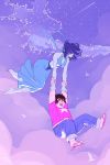  1girl blue_hair blue_skin blush brown_hair cloud curly_hair flying happyds highres holding holding_sword holding_weapon lapis_lazuli_(steven_universe) long_skirt pants shirt short_hair skirt sky slippers smile star_(sky) star_(symbol) starry_sky steven_quartz_universe steven_universe sword water weapon wings 