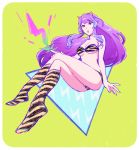  1girl animal_print cosplay crossed_legs electricity floating floating_hair from_below highres horns long_hair looking_down lum lum_(cosplay) macross macross_delta mikumo_guynemer mosako purple_hair solo tiger_print urusei_yatsura 