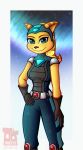  2019 5_fingers angela_cross anthro armor belt breasts brown_nose clothing ear_markings eyebrows eyelashes facial_markings female fingers fur gloves hair handwear hat head_markings headgear headwear hi_res highlights_(coloring) lombax looking_at_viewer mammal markings michy64 ponytail ratchet_and_clank signature smile solo sony_corporation sony_interactive_entertainment video_games yellow_body yellow_fur 