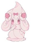  1girl alcremie alcremie_(ruby_cream) alcremie_(strawberry_sweet) blush bow clarevoir commentary_request english_commentary food fruit full_body gen_8_pokemon hair_bow hand_up heart heart_in_eye mixed-language_commentary nintendo open_mouth partial_commentary pink_bow pokemon pokemon_(creature) red_eyes solo standing strawberry symbol_in_eye transparent_background 