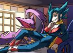  bed bedroom blitzdrachin blue_eyes blue_hair clothing conditional_dnp furniture grimsley_(pok&eacute;mon) hair human liepard mammal nintendo plushie pok&eacute;mon pok&eacute;mon_(species) sharpedo sleeping smile smug video_games 