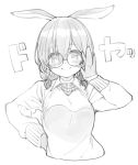 1girl android animal_ears breasts bunny_ears commentary_request eyebrows_visible_through_hair glasses hair_between_eyes highres hololive looking_at_viewer monochrome nosir_onadat roboco-san short_hair smile solo sweater teardrop-framed_glasses translation_request virtual_youtuber 